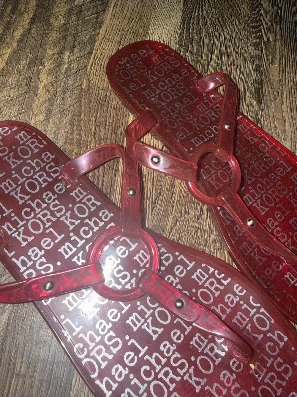 Michael Kors Transparent Red Logo Ring Thong Sandals